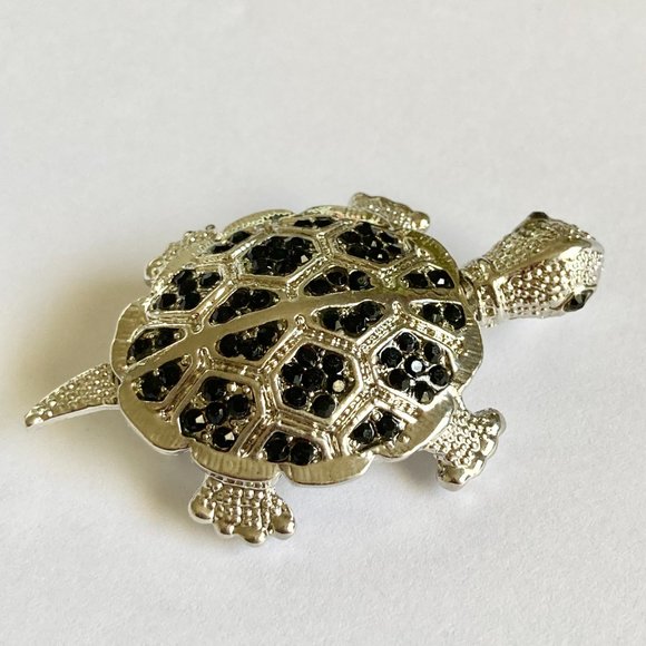 Crystal Sea Turtle Pendant Brooch Pin Necklace Silver Plated Black Cord 18" - Picture 9 of 12